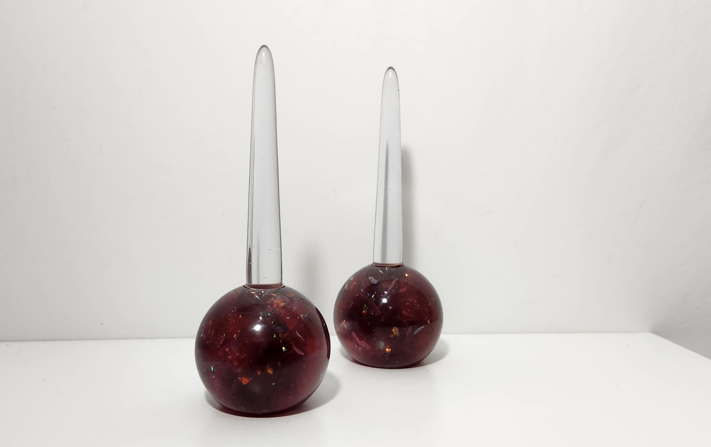 Iridescent Burgundy-Mauve Chunk Orb Shaped Candle Holders, Pair