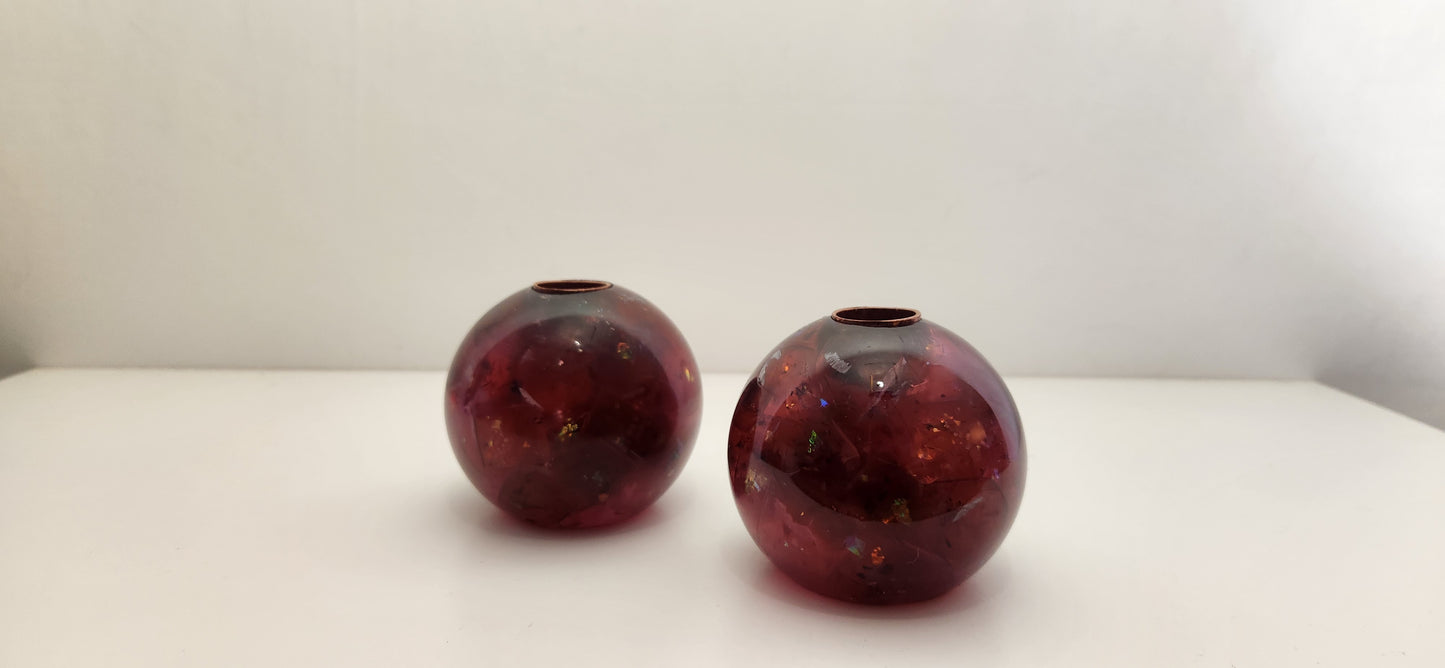 Iridescent Burgundy-Mauve Chunk Orb Shaped Candle Holders, Pair