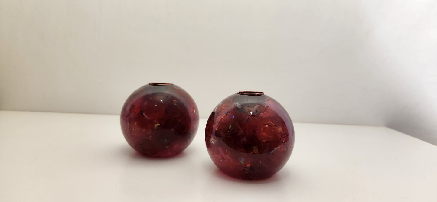 Iridescent Burgundy-Mauve Chunk Orb Shaped Candle Holders, Pair