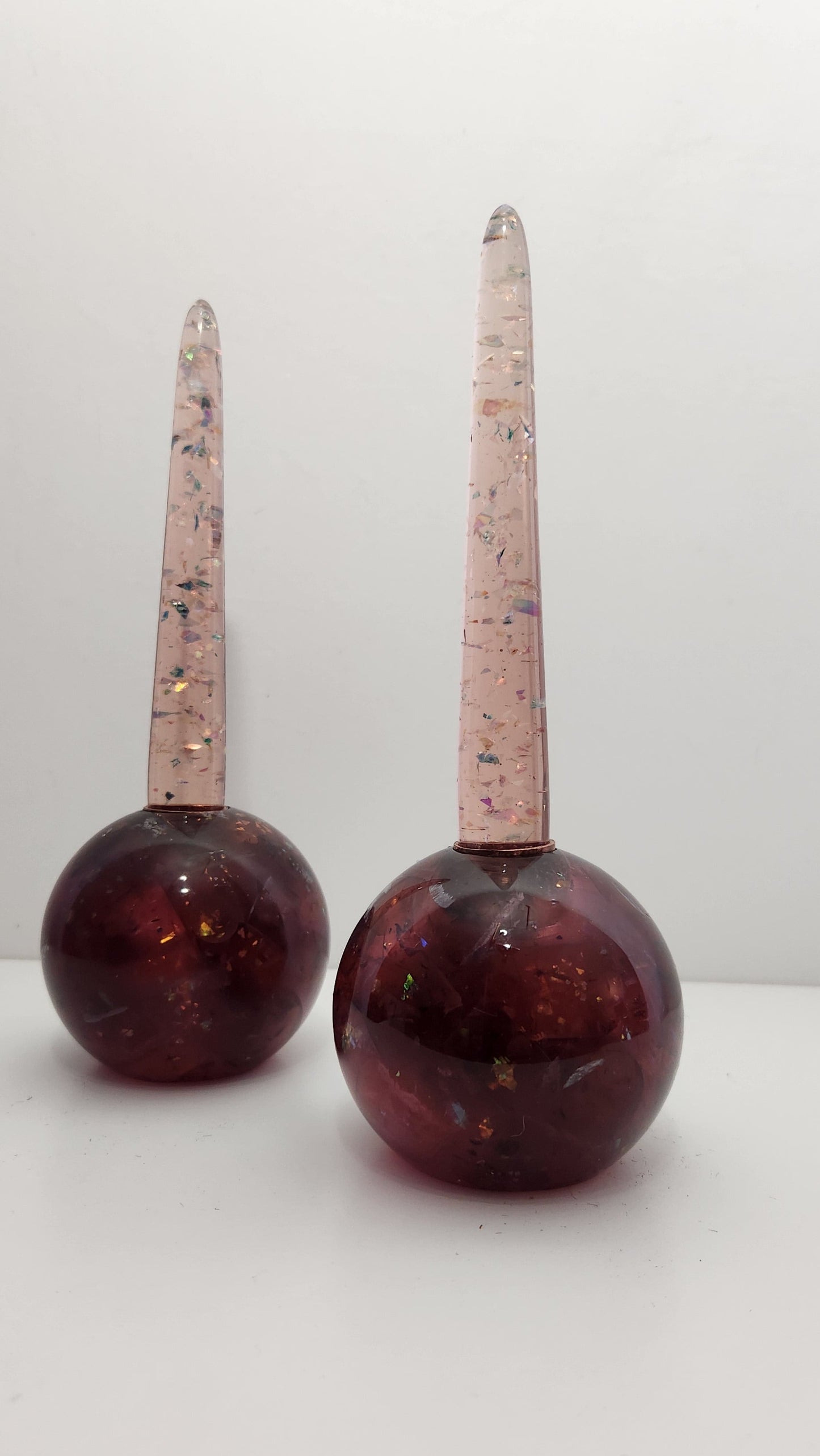 Iridescent Burgundy-Mauve Chunk Orb Shaped Candle Holders, Pair
