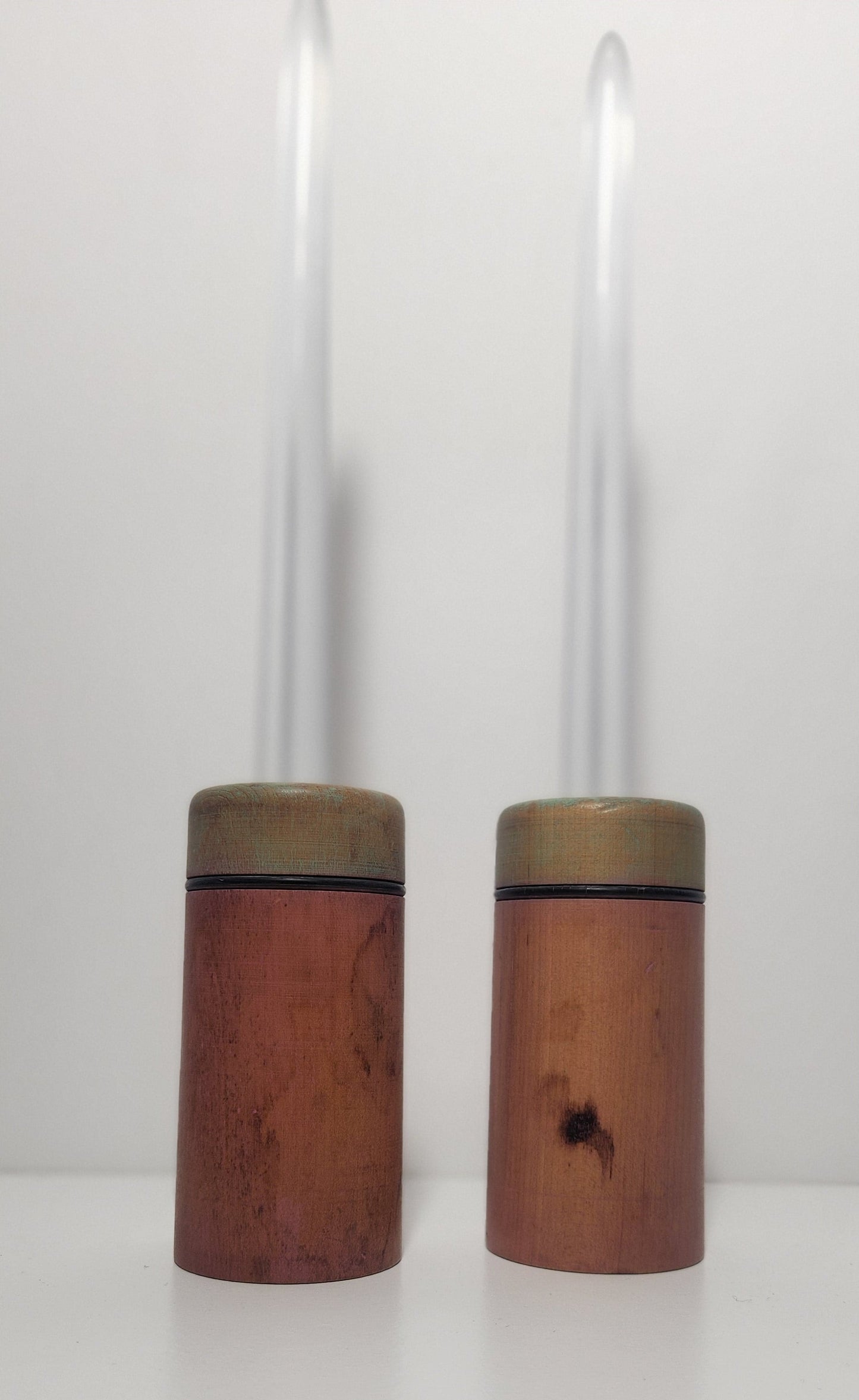 Reclaimed Industrial Wooden Spool Pink & Mint Green Candle Holders, Pair
