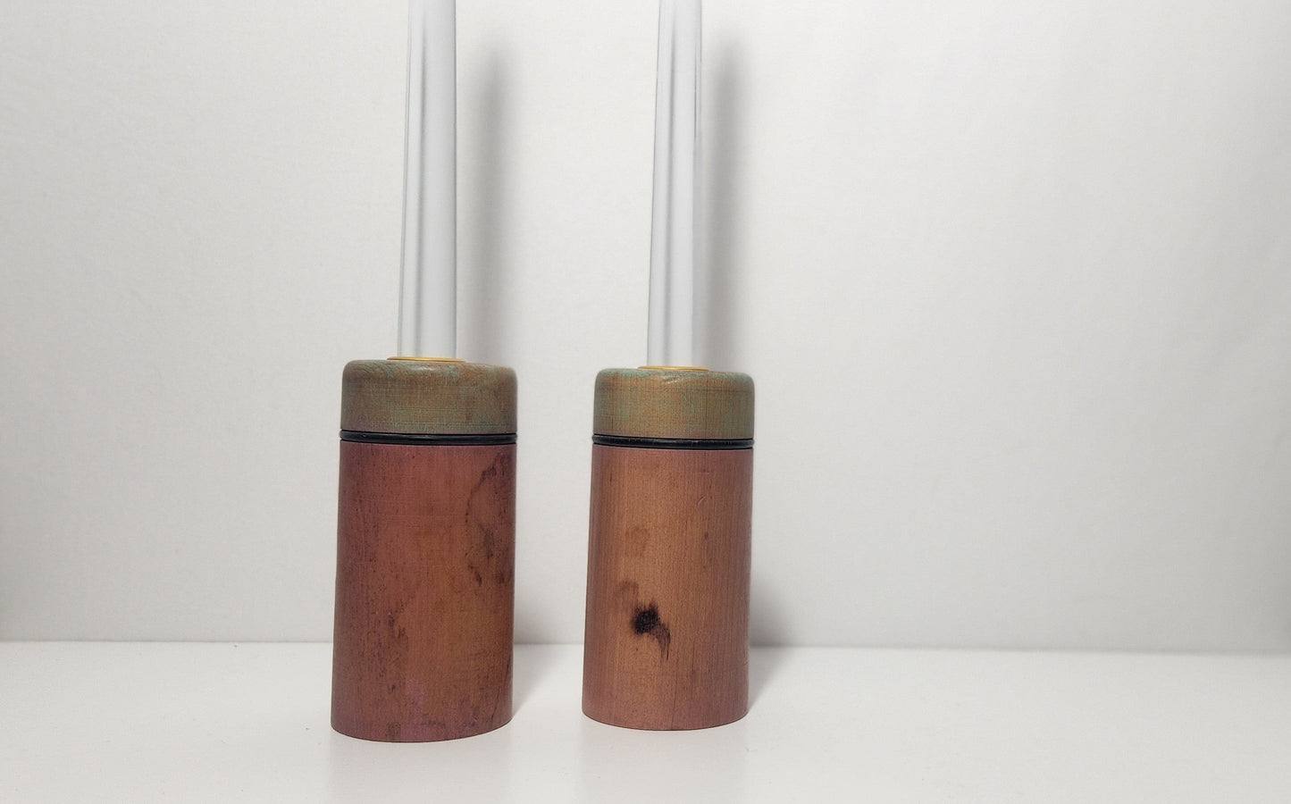 Reclaimed Industrial Wooden Spool Pink & Mint Green Candle Holders, Pair