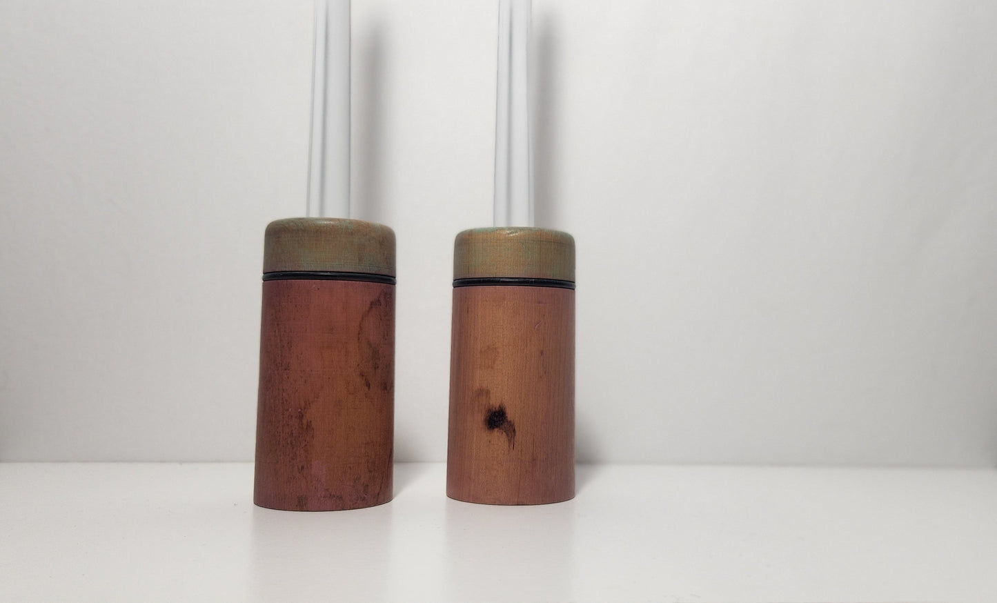 Reclaimed Industrial Wooden Spool Pink & Mint Green Candle Holders, Pair