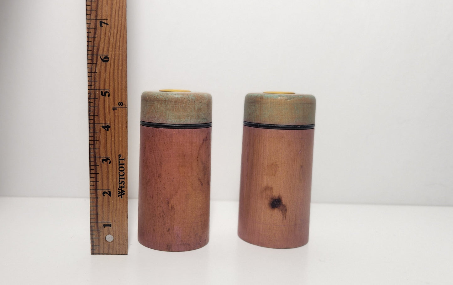 Reclaimed Industrial Wooden Spool Pink & Mint Green Candle Holders, Pair
