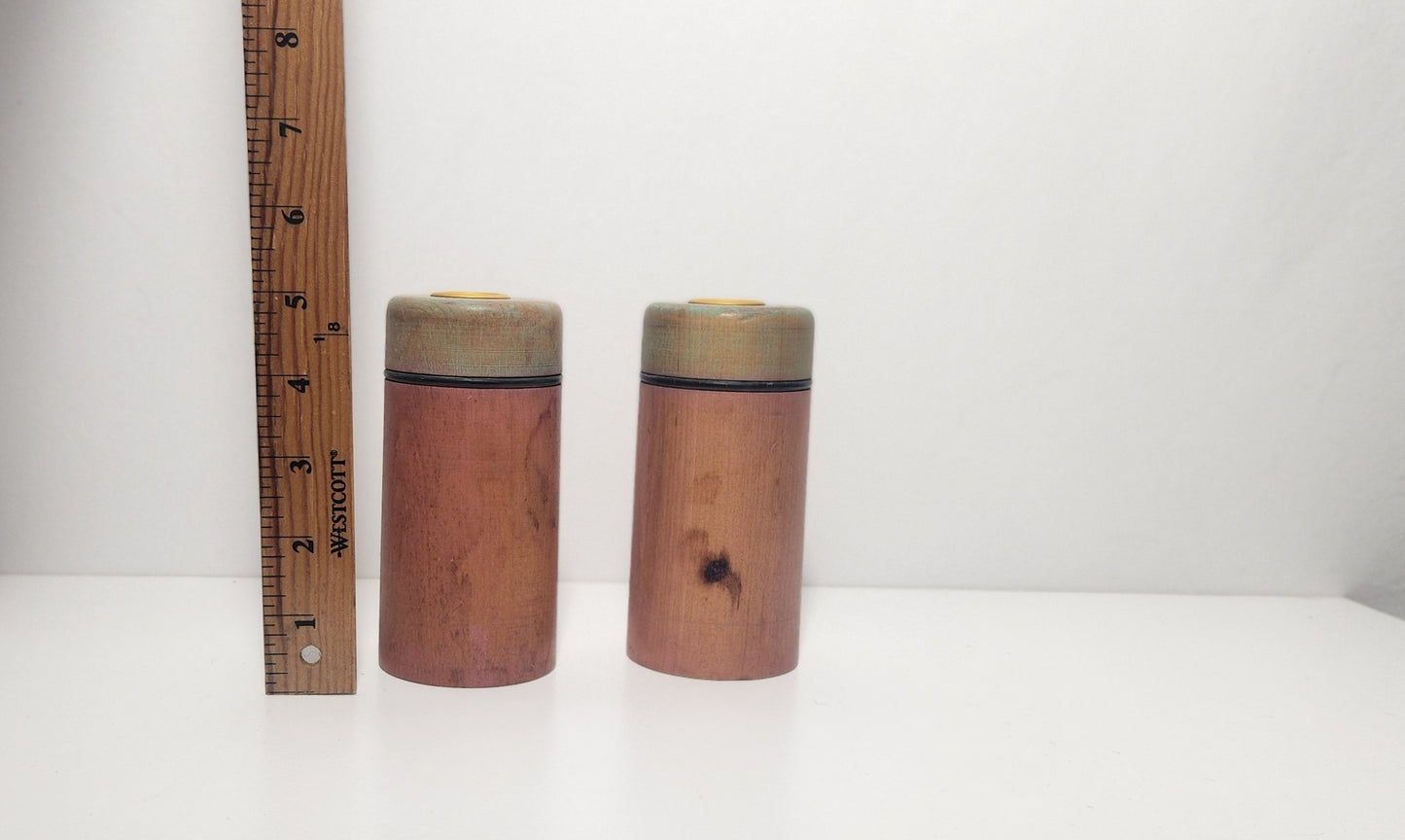 Reclaimed Industrial Wooden Spool Pink & Mint Green Candle Holders, Pair