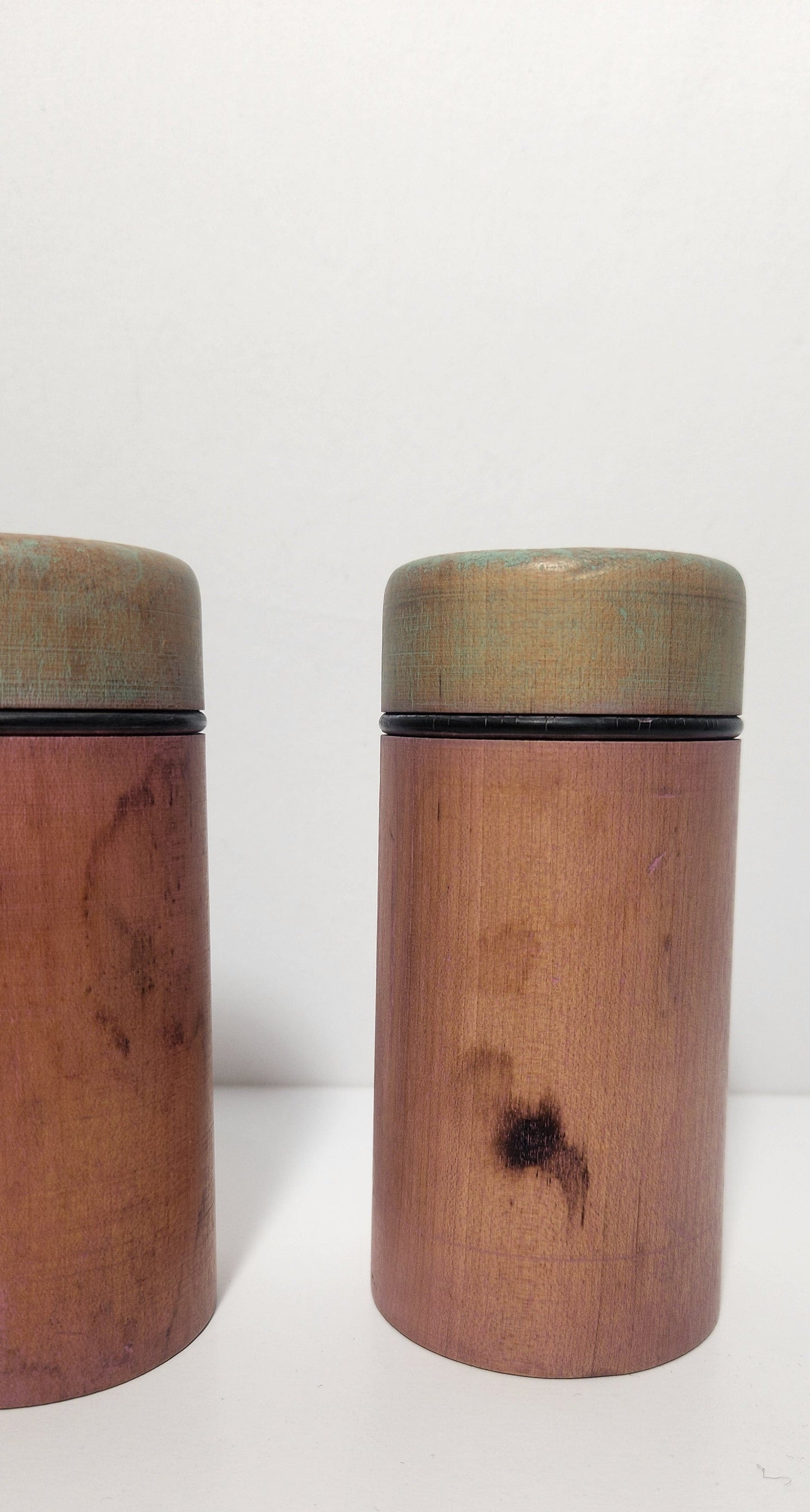 Reclaimed Industrial Wooden Spool Pink & Mint Green Candle Holders, Pair