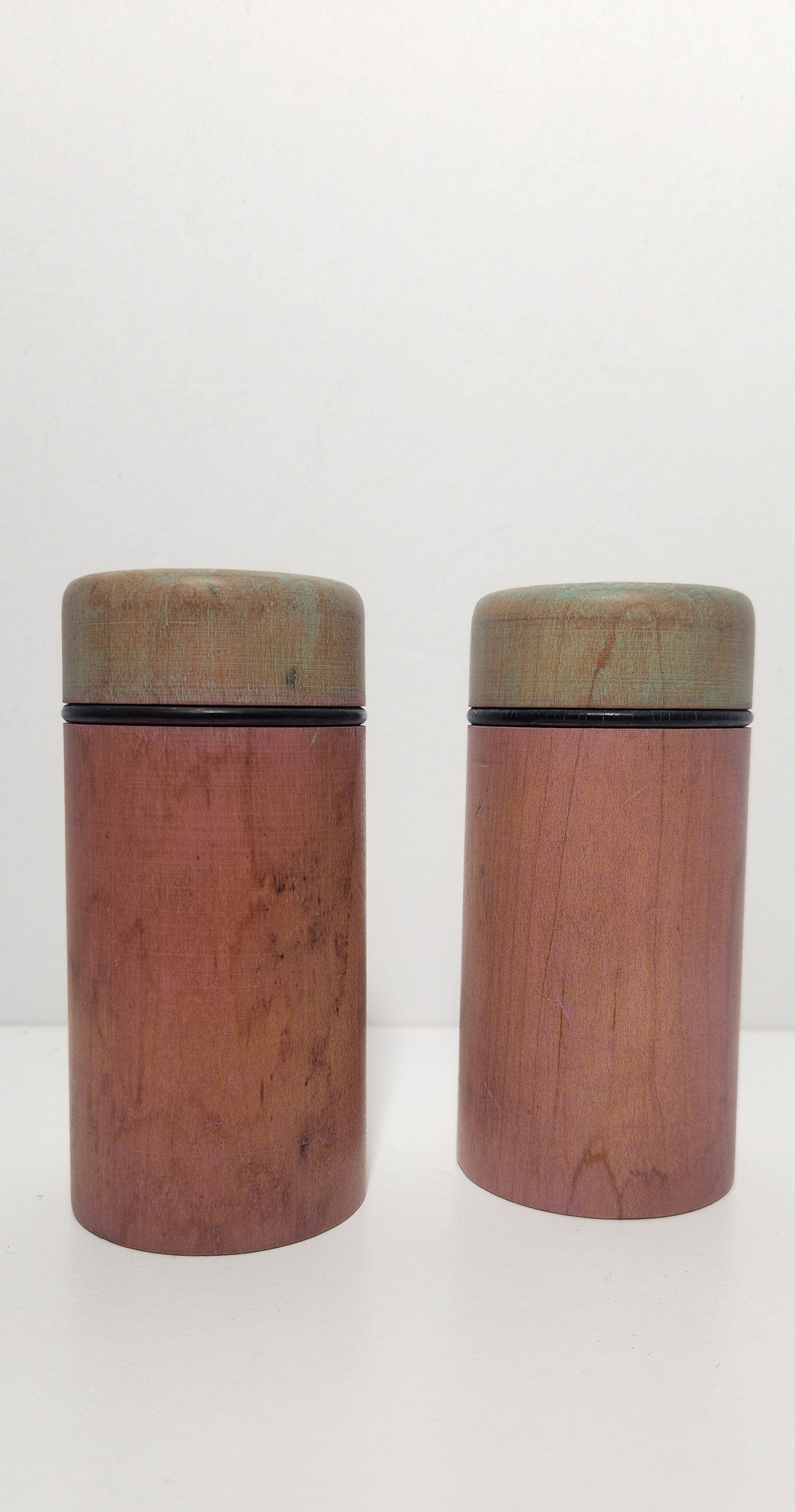 Reclaimed Industrial Wooden Spool Pink & Mint Green Candle Holders, Pair