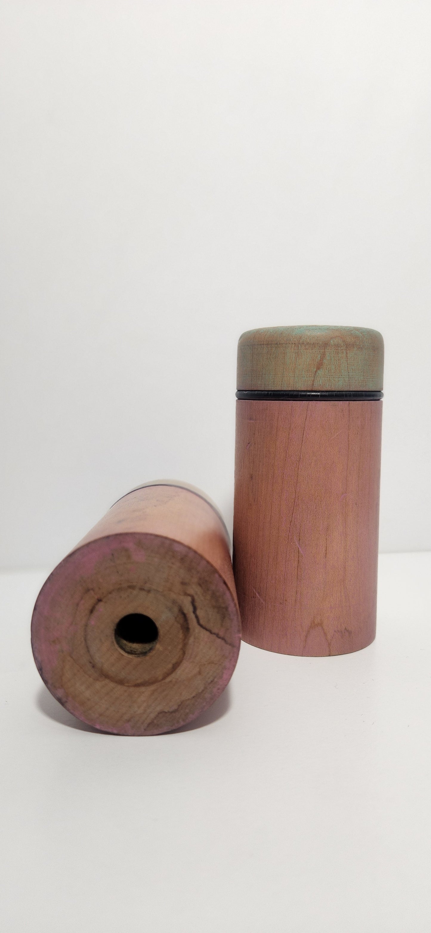 Reclaimed Industrial Wooden Spool Pink & Mint Green Candle Holders, Pair
