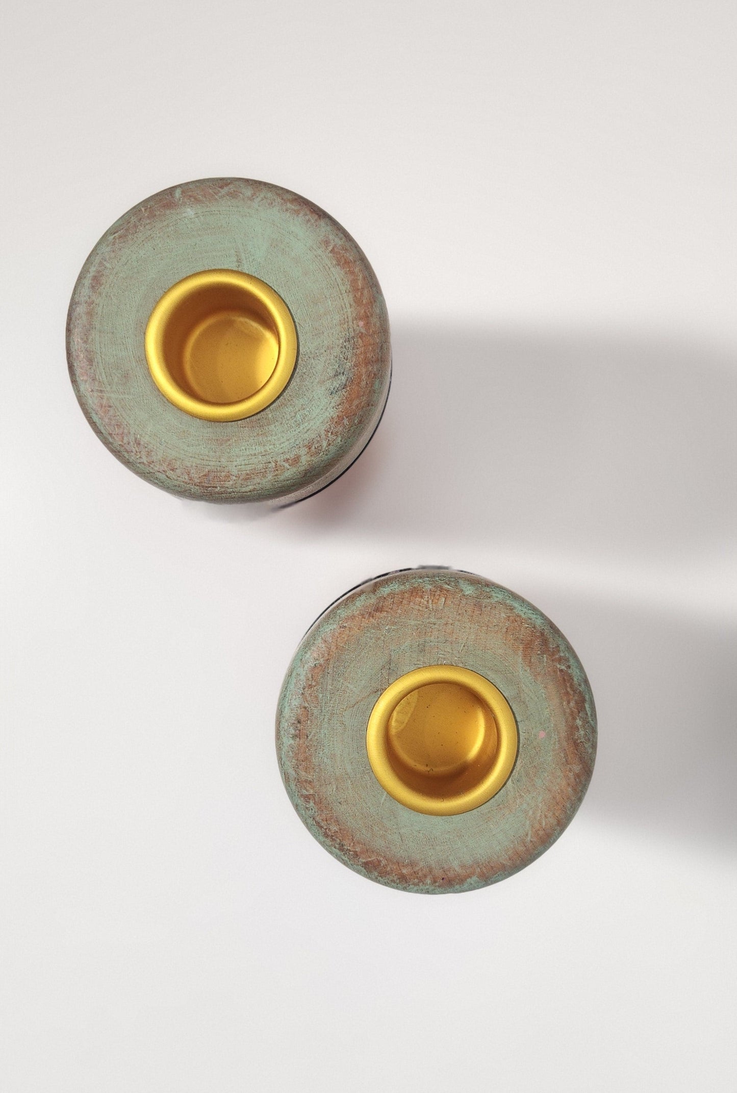 Reclaimed Industrial Wooden Spool Pink & Mint Green Candle Holders, Pair