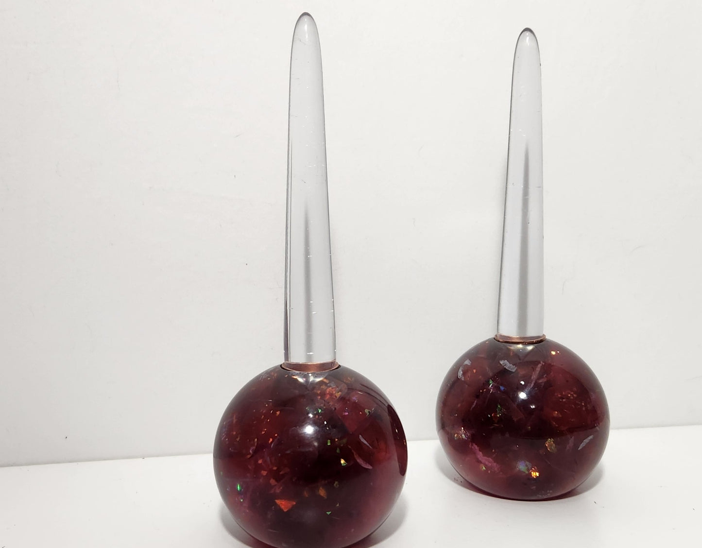 Iridescent Burgundy-Mauve Chunk Orb Shaped Candle Holders, Pair