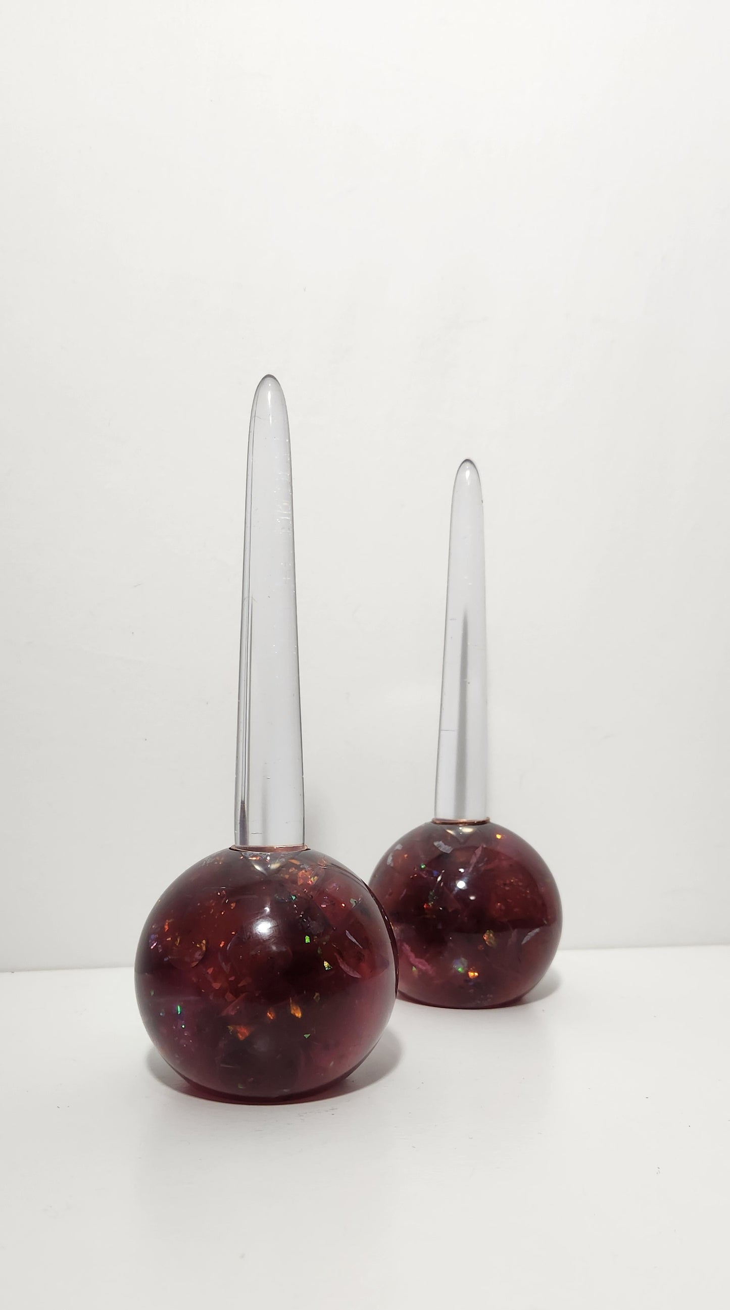 Iridescent Burgundy-Mauve Chunk Orb Shaped Candle Holders, Pair
