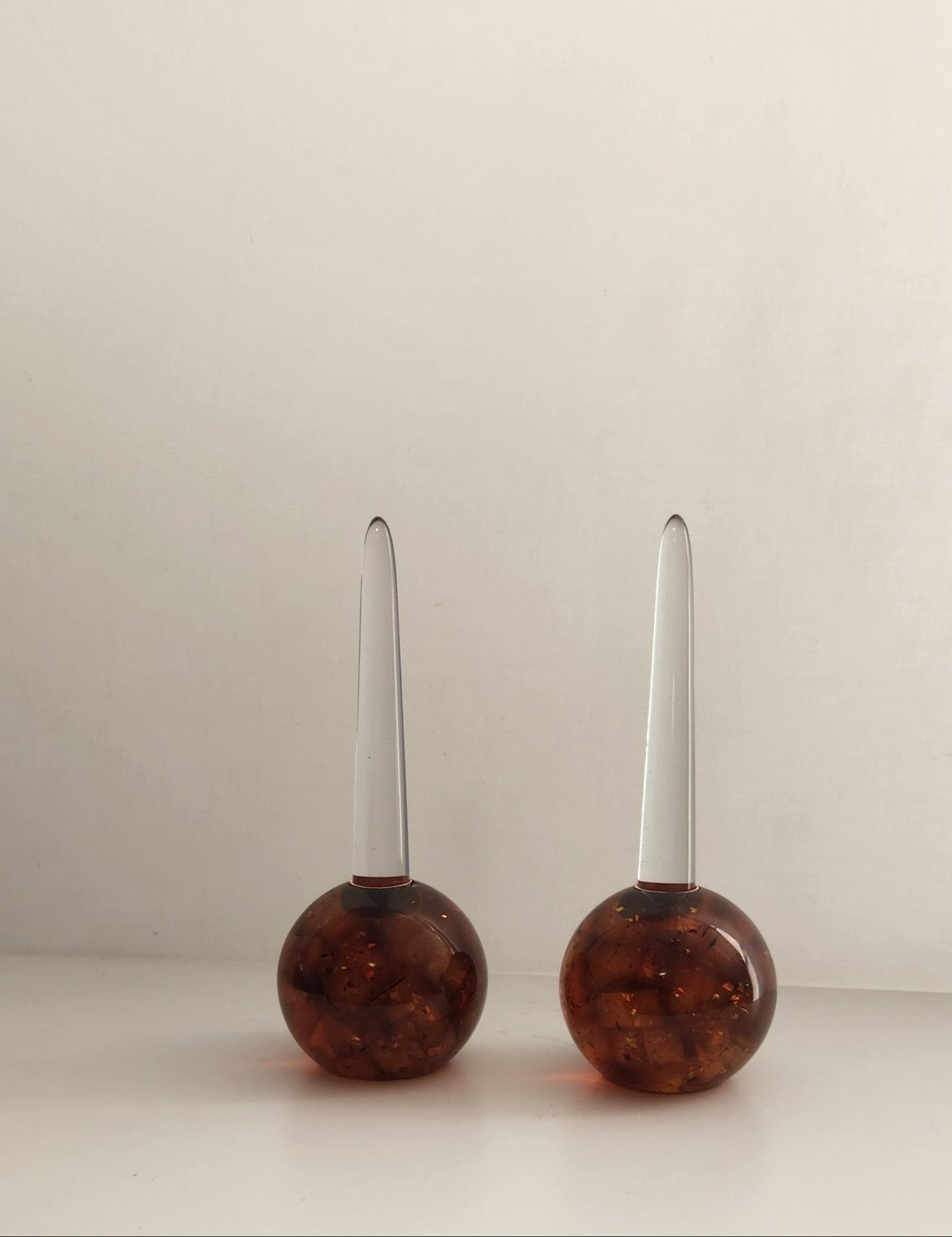 Iridescent Honey-Apricot Chunk Orb Shaped Candle Holders, Pair