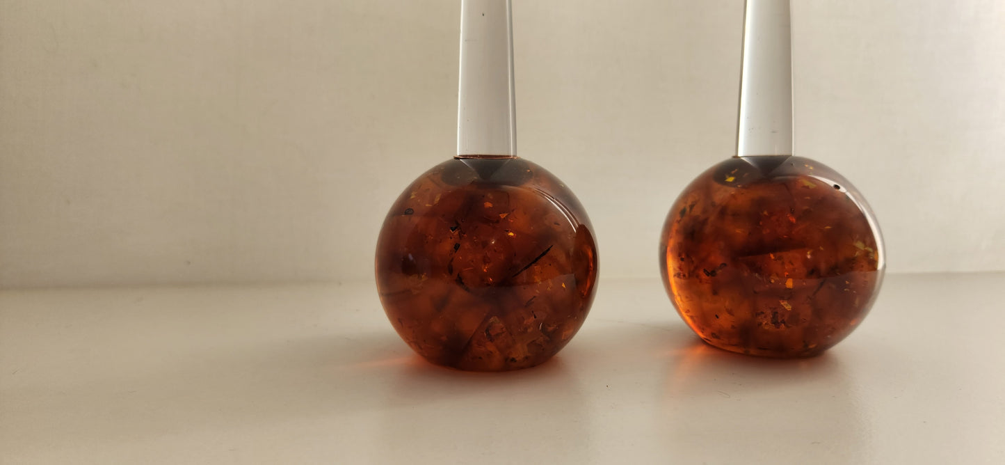 Iridescent Honey-Apricot Chunk Orb Shaped Candle Holders, Pair
