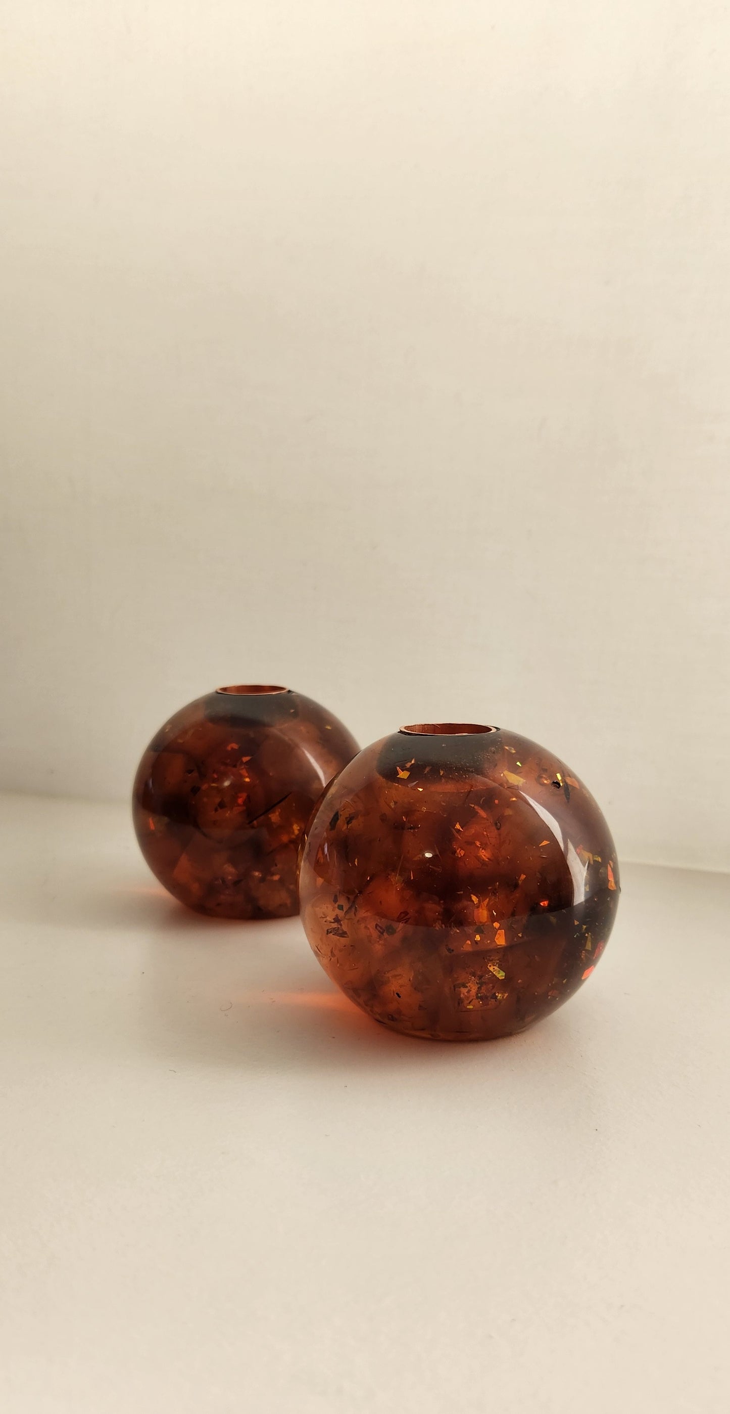Iridescent Honey-Apricot Chunk Orb Shaped Candle Holders, Pair