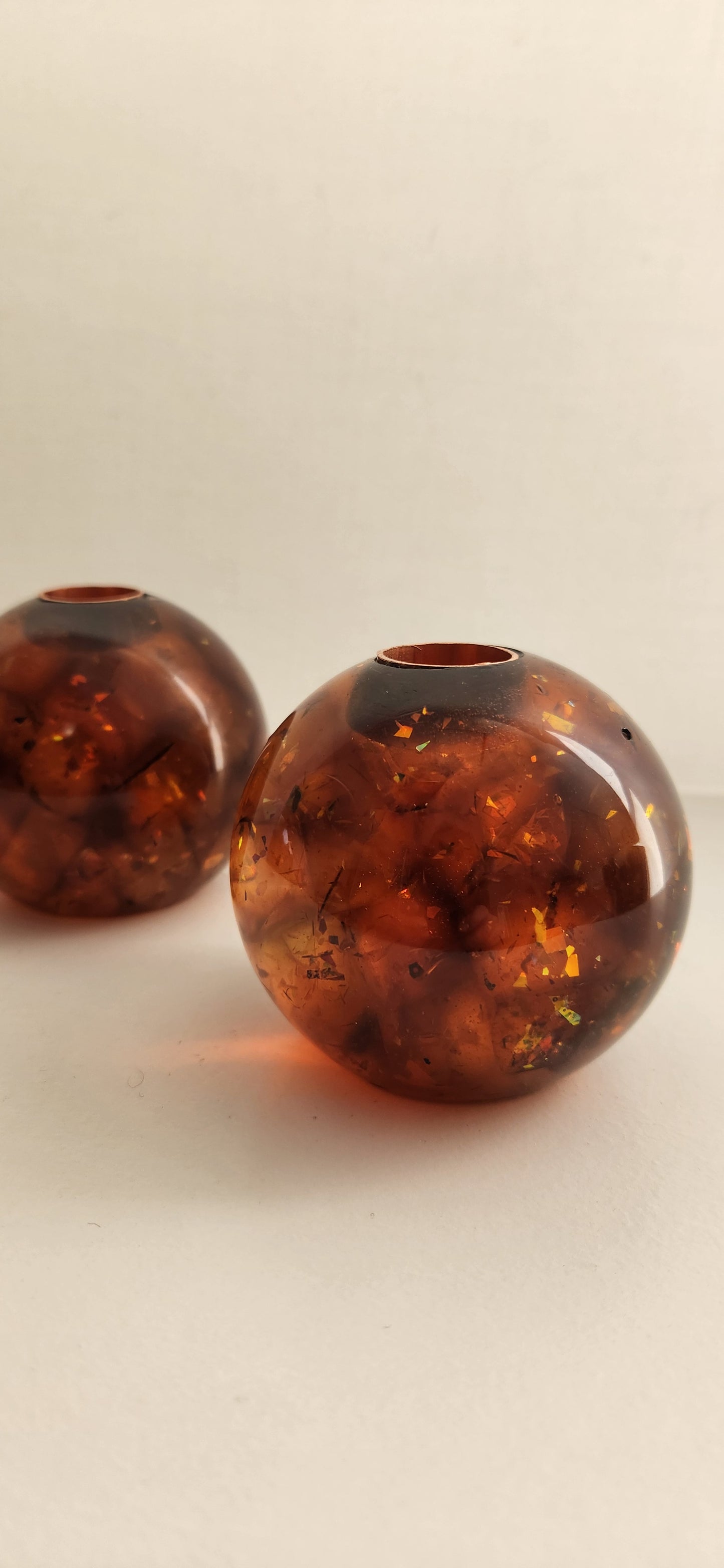 Iridescent Honey-Apricot Chunk Orb Shaped Candle Holders, Pair