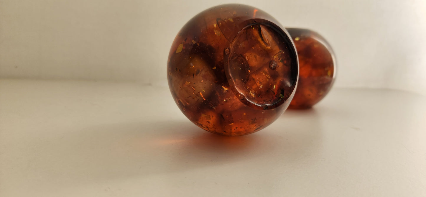 Iridescent Honey-Apricot Chunk Orb Shaped Candle Holders, Pair
