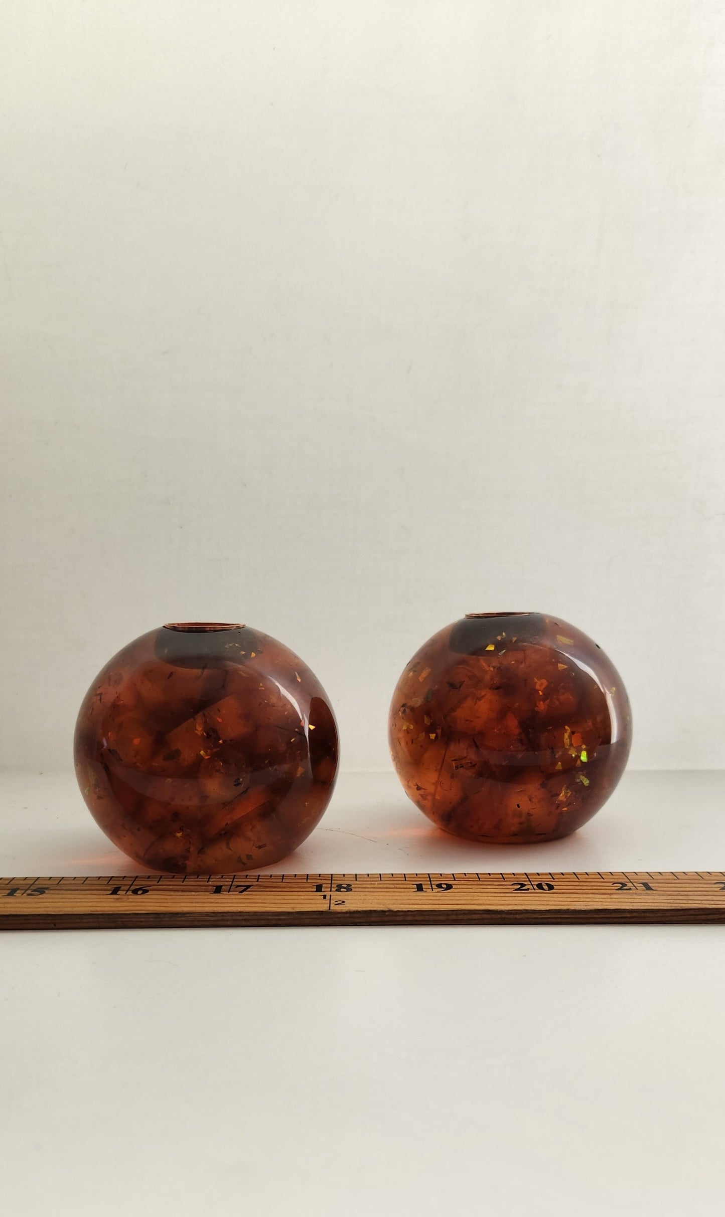 Iridescent Honey-Apricot Chunk Orb Shaped Candle Holders, Pair
