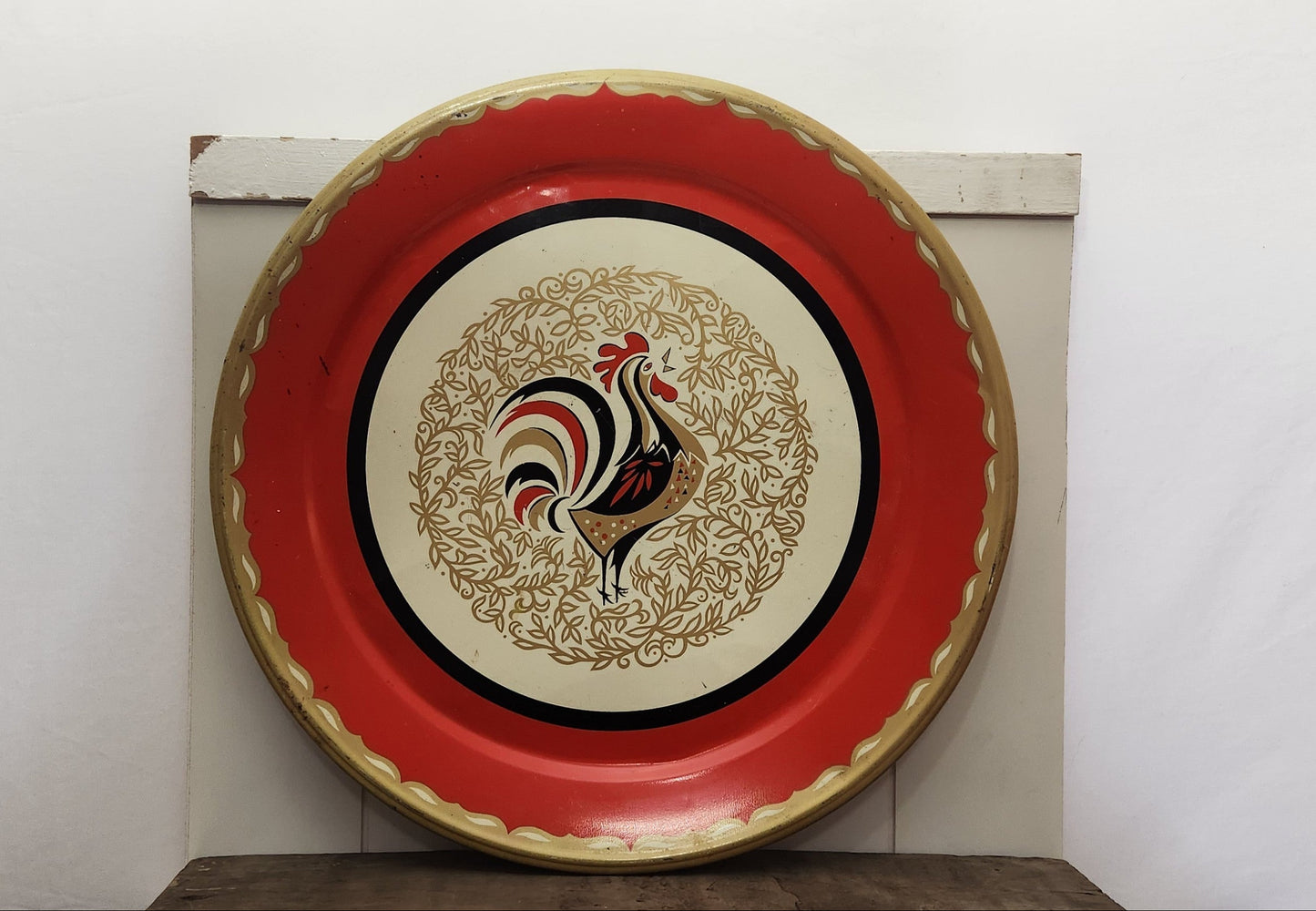 Vintage Marcelline Stoyke Red Rooster Round Serving Tray