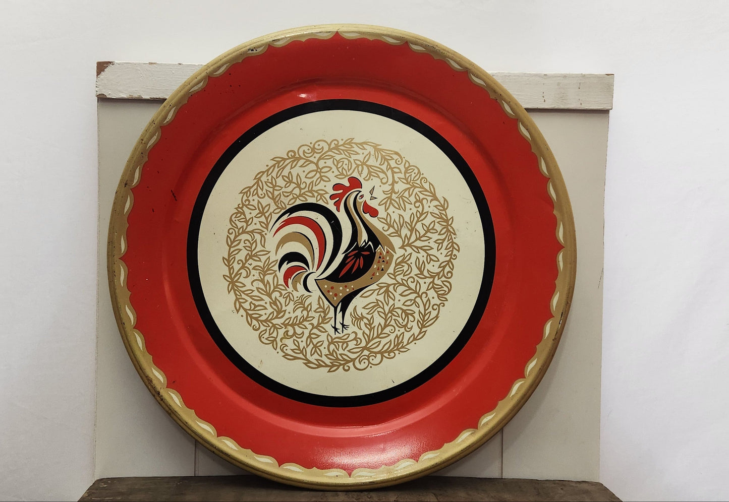 Vintage Marcelline Stoyke Red Rooster Round Serving Tray