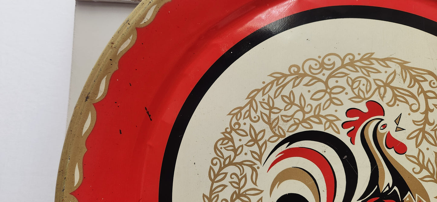 Vintage Marcelline Stoyke Red Rooster Round Serving Tray