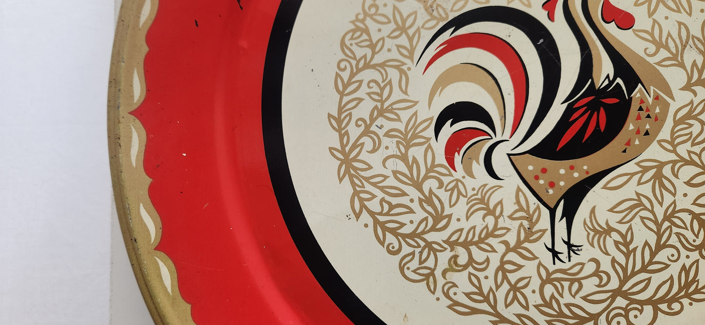Vintage Marcelline Stoyke Red Rooster Round Serving Tray
