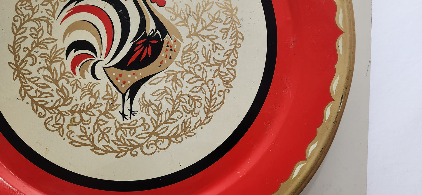 Vintage Marcelline Stoyke Red Rooster Round Serving Tray