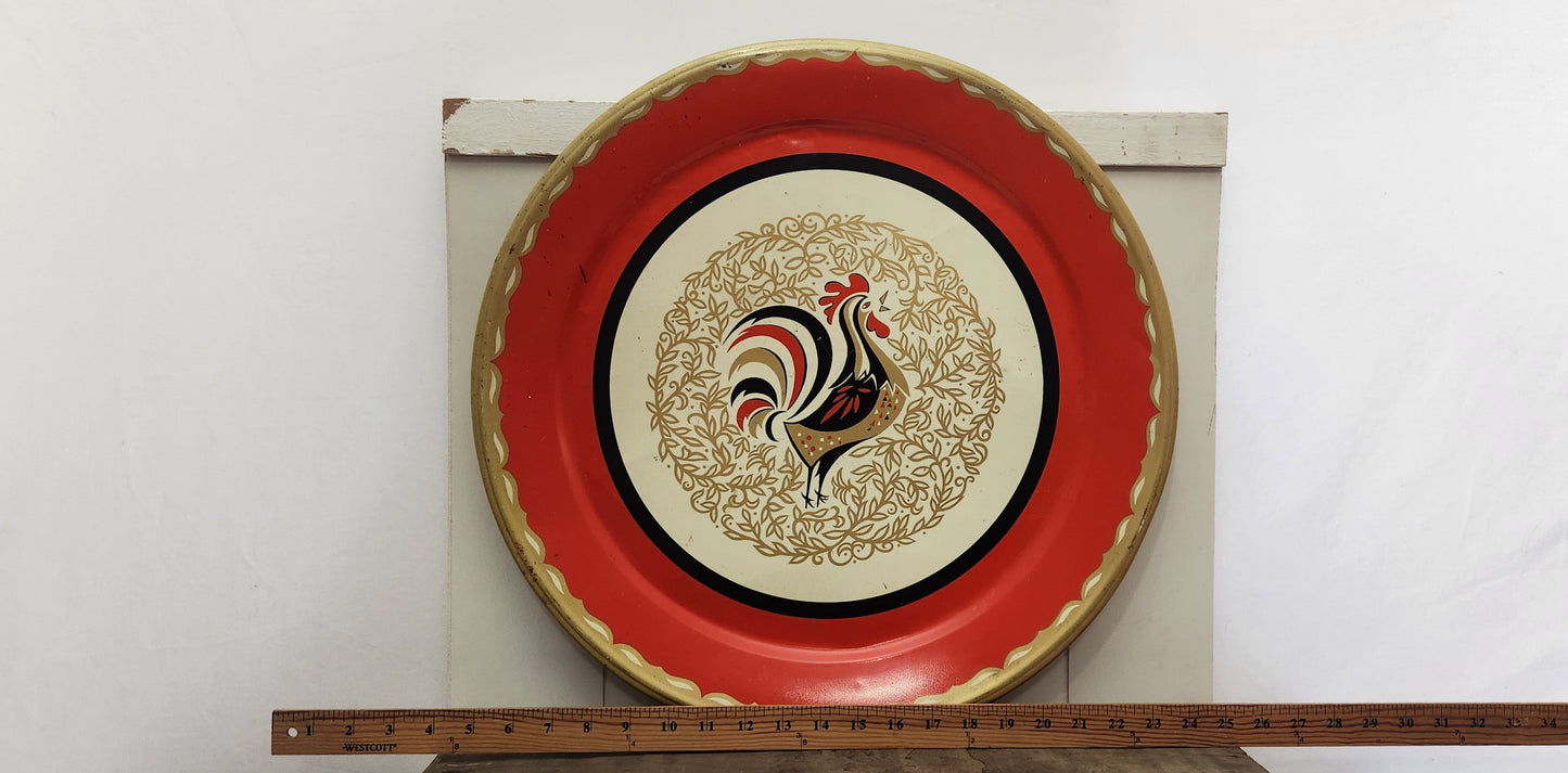 Vintage Marcelline Stoyke Red Rooster Round Serving Tray