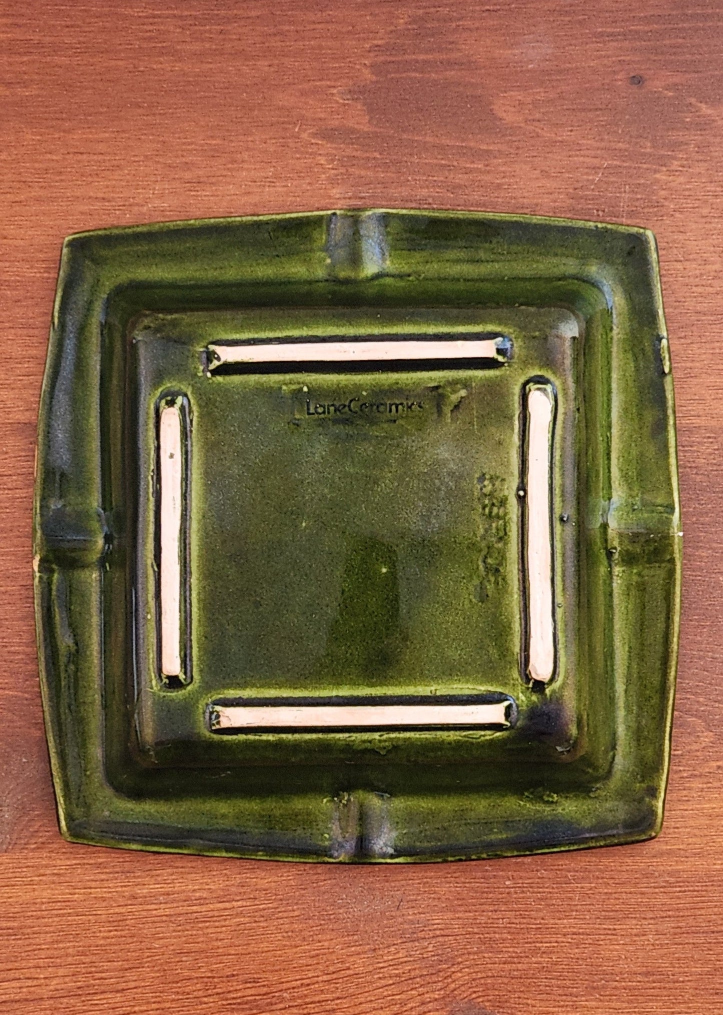 Vintage Lane Ceramics Avocado Green Glazed Square Ashtray