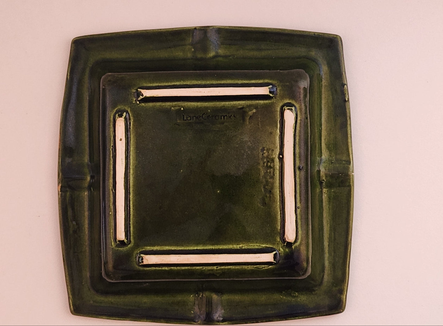 Vintage Lane Ceramics Avocado Green Glazed Square Ashtray