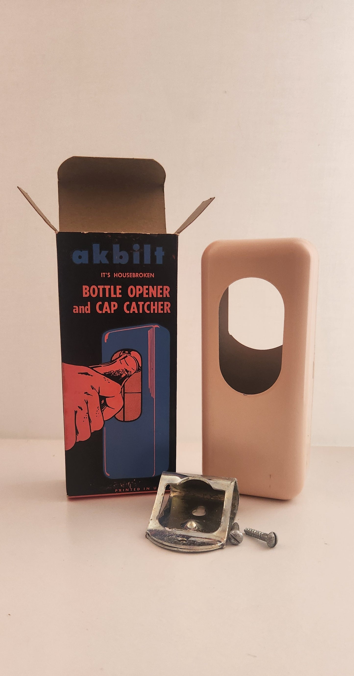 Vintage Akbilt Metal Wall Mount Bottle Opener and Cap Catcher - Pale Pink