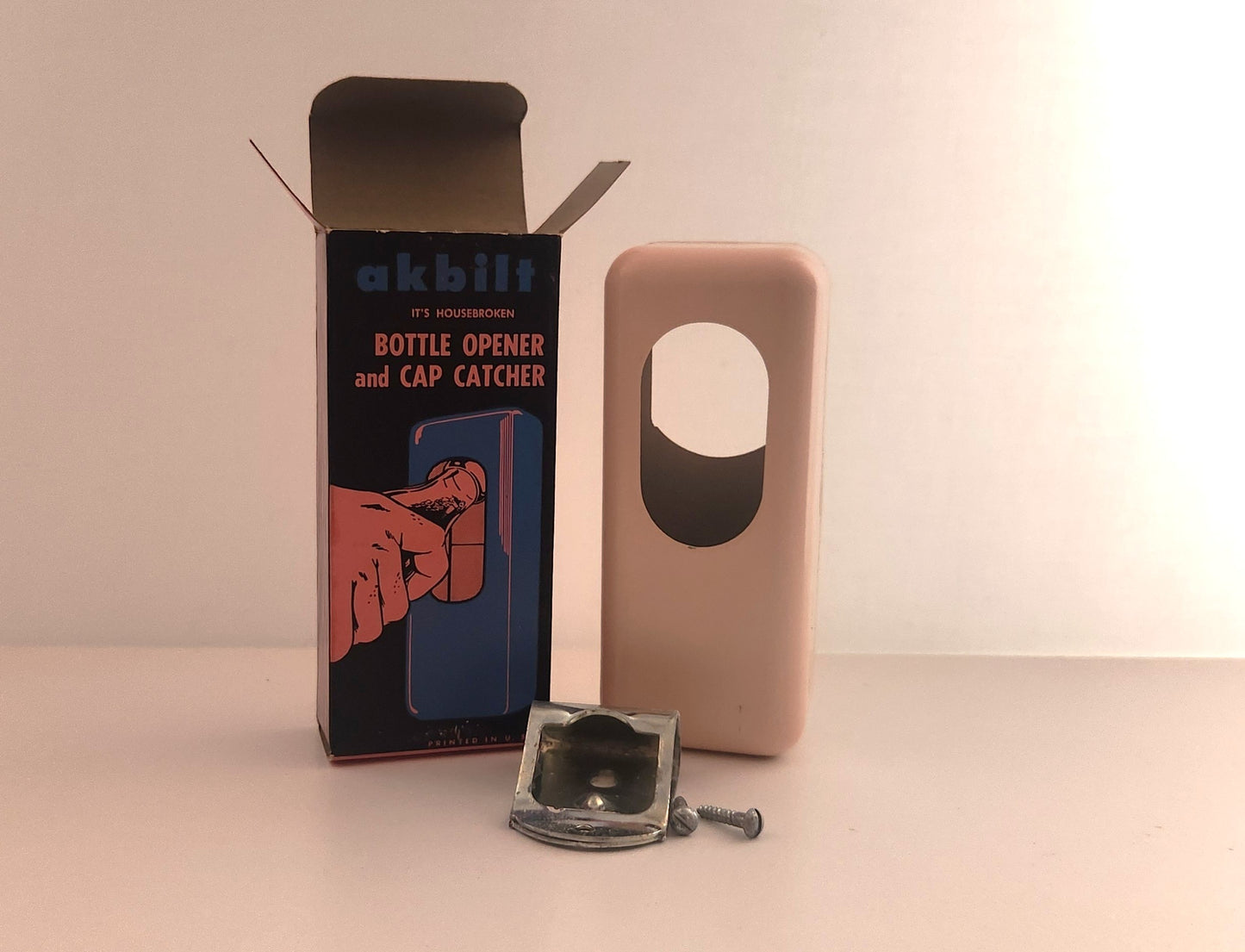 Vintage Akbilt Metal Wall Mount Bottle Opener and Cap Catcher - Pale Pink