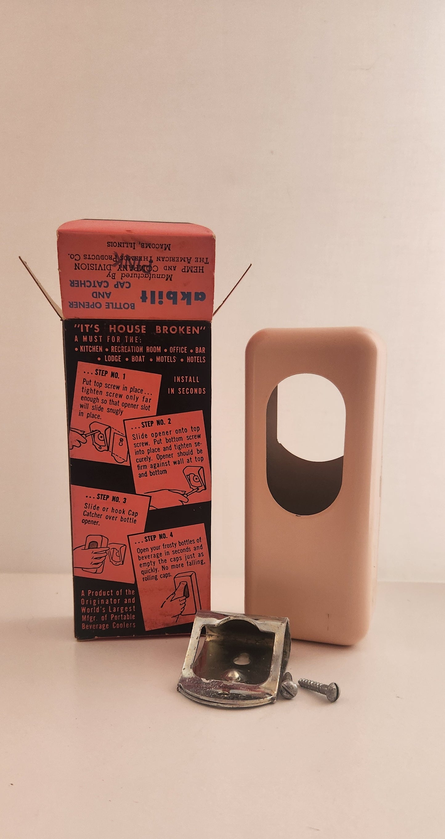 Vintage Akbilt Metal Wall Mount Bottle Opener and Cap Catcher - Pale Pink